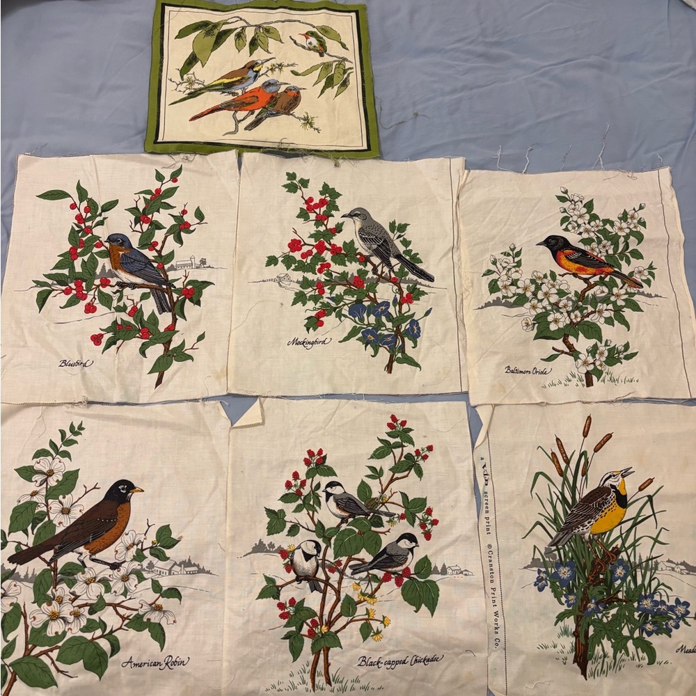 Vintage Bird Print Fabric Panels x 7